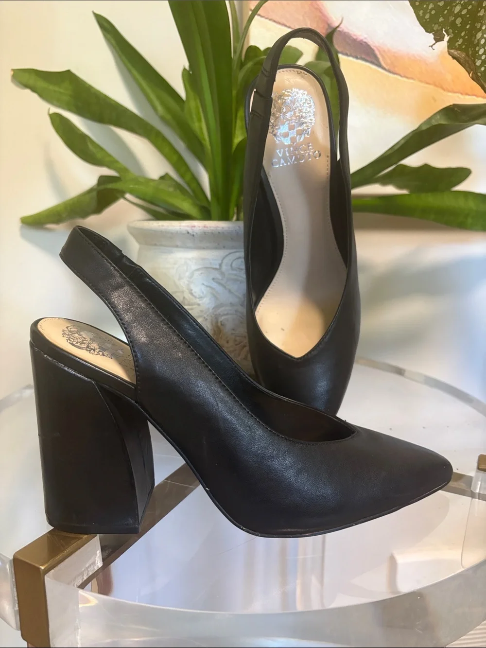 Vince Camuto Black Leather Slingback Pointed Block Heel